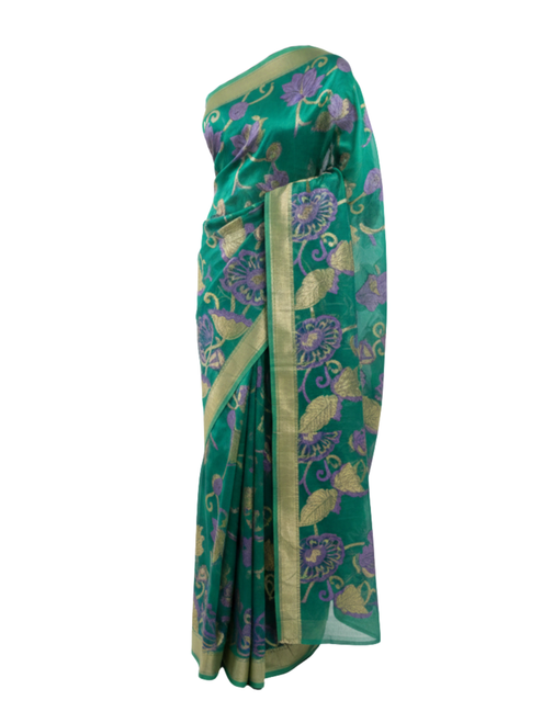 Hand-Painted Silk Teal Green Saree with Purple Floral Motifs
