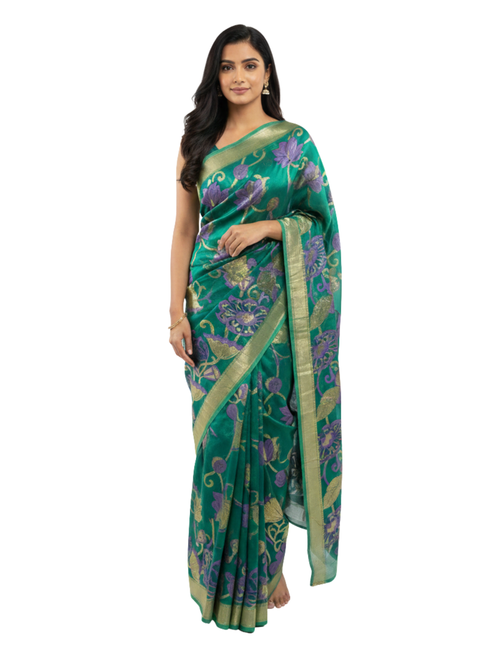 Hand-Painted Silk Teal Green Saree with Purple Floral Motifs