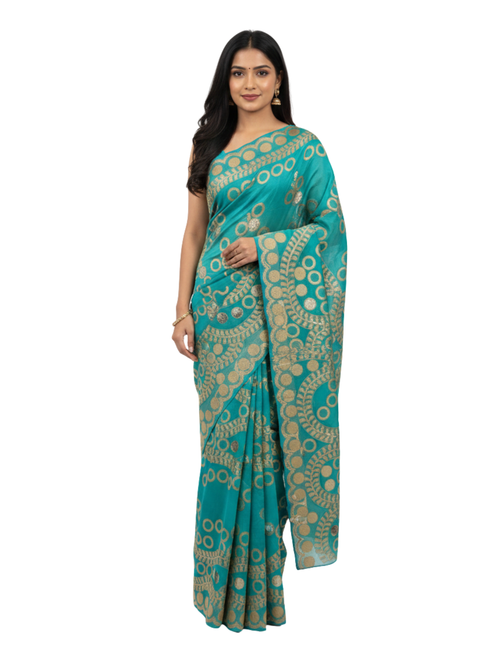 Teal Aura Hand‑Painted Circle Motif Saree