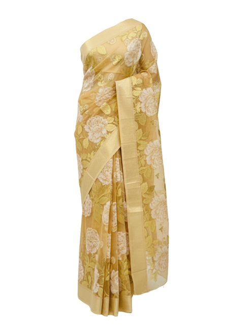 Cream Peony Bloom Hand-Painted Silk Saree