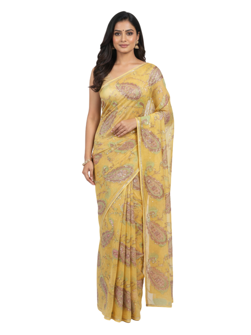 Golden Paisley Dream Hand-Painted Silk Saree