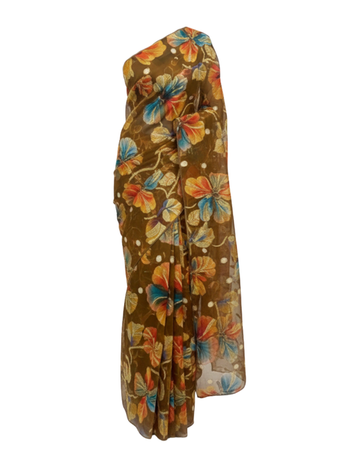 Terracotta Hibiscus Bloom Hand-Painted Silk Saree