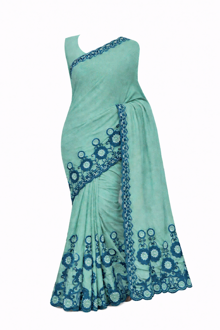 Turquoise Elegance with Delicate Embroidery Cotton Saree