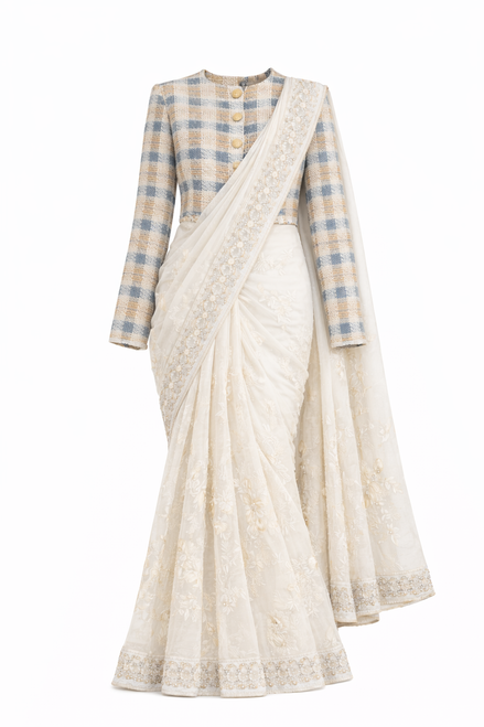 White Saree with Tweed Jacket