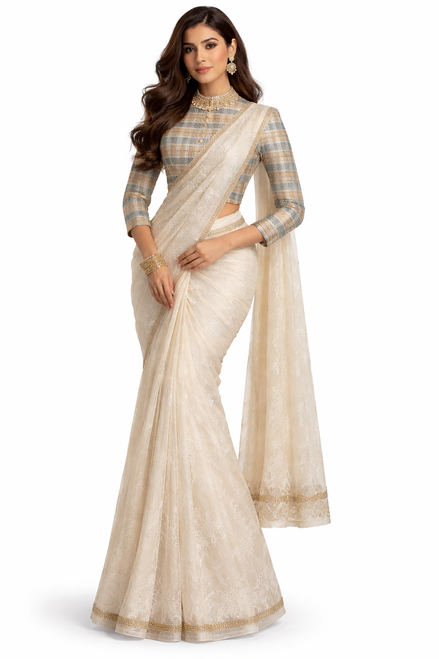 White Saree with Tweed Jacket