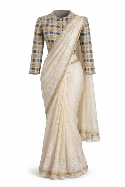 White Saree with Tweed Jacket