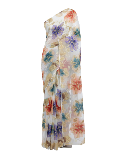 Hand-Painted Ivory Saree with Multicolor Hibiscus Floral Motifs