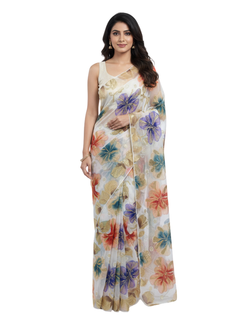 Hand-Painted Ivory Saree with Multicolor Hibiscus Floral Motifs