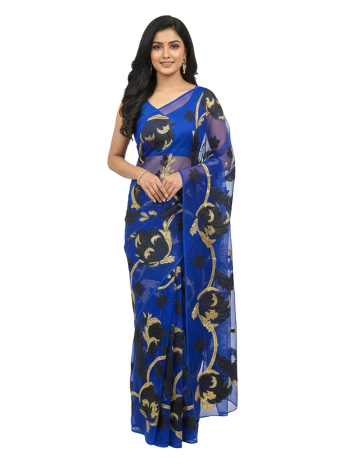 Hand-painted Royal Blue Saree with Black and Gold Floral Motifs