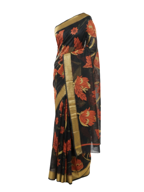 Black Hand-Painted Saree with Vibrant Orange Autumn Leaf & Floral Motifs