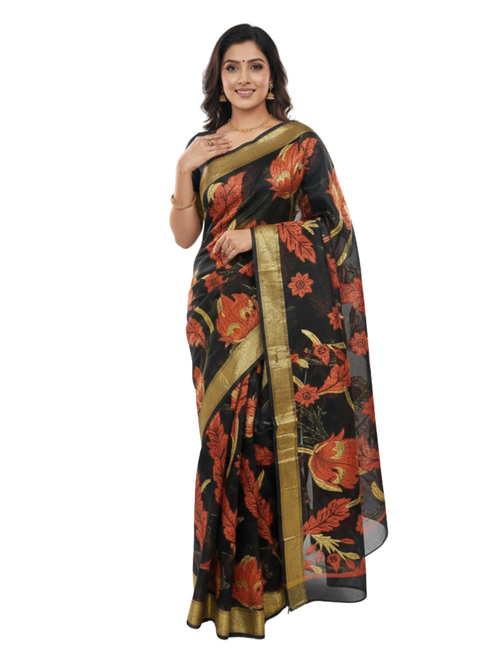 Black Hand-Painted Saree with Vibrant Orange Autumn Leaf & Floral Motifs