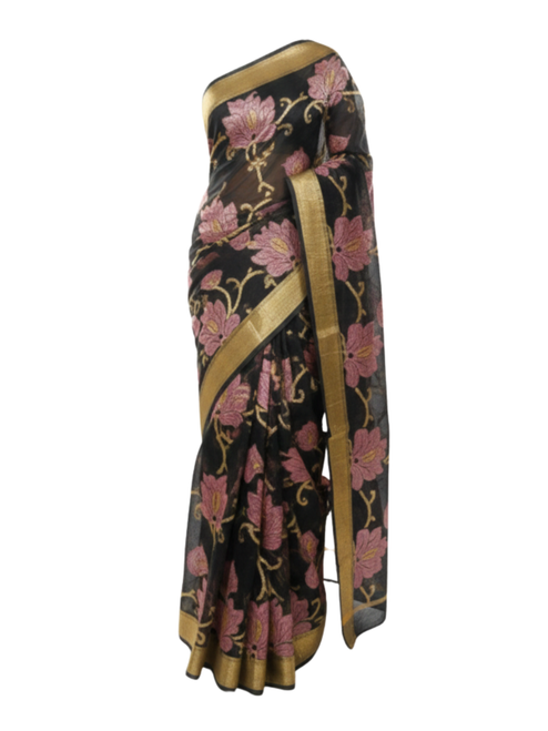 Nocturne Lotus Hand-Painted Saree