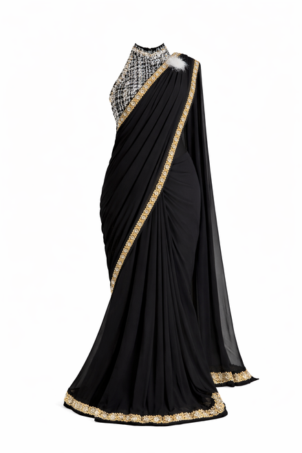 Elegant Black & White Saree with Modern Jacket