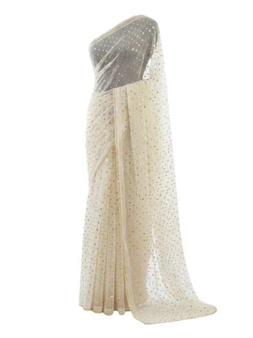 Golden Dotted White Dream Net Saree