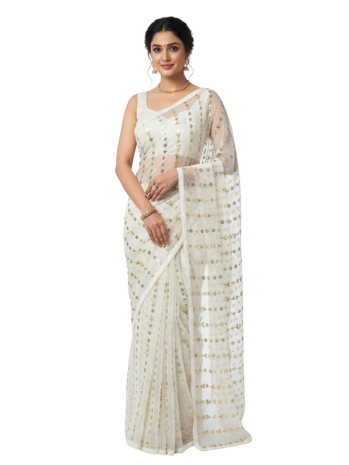 Golden Dotted White Dream Net Saree