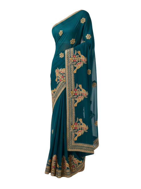 Green Elegance Floral Embroidered Saree