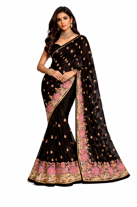 Elegant Black Saree with Intricate Embroidery
