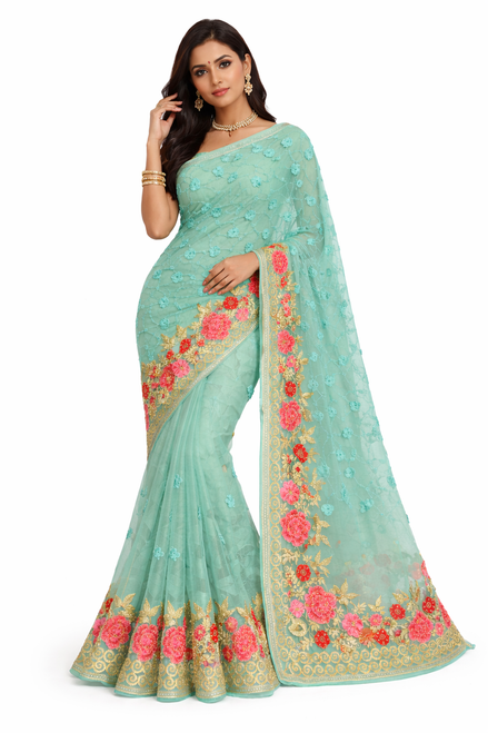 Mint Green Saree with Floral Embroidery