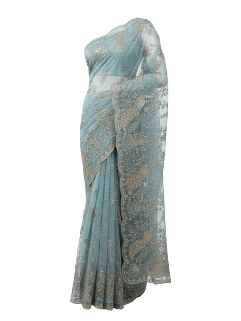 Ice Blue Net Saree with Intricate Silver Resham and Sequin Embroidery