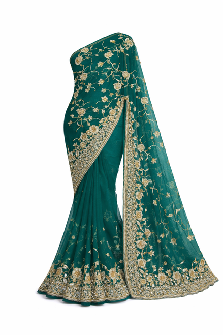 Teal Saree with Gold Embroidery
