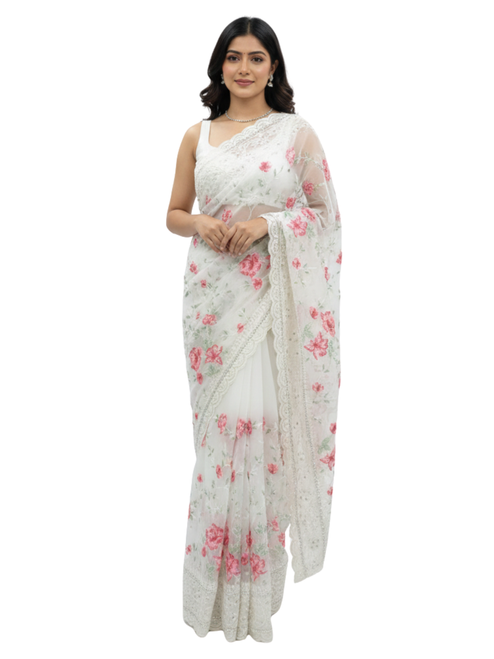 Off-White Net Saree with Pink Floral  Prints and Scalloped Lace Border