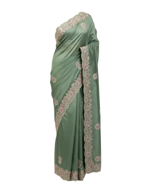 Sage Green Art Saree with Pink Floral Embroidery