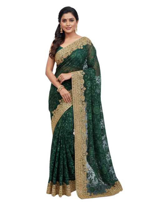 Bottle Green Net Saree with Rich Gold Zari and Resham Embroidery