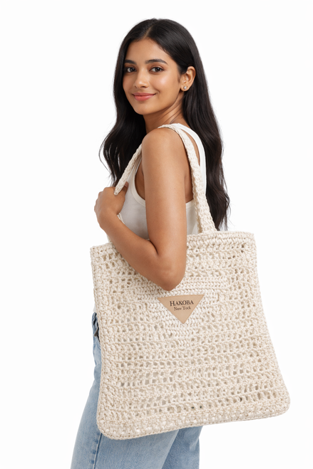 Hakoba Rectangular Woven Tote Bag White