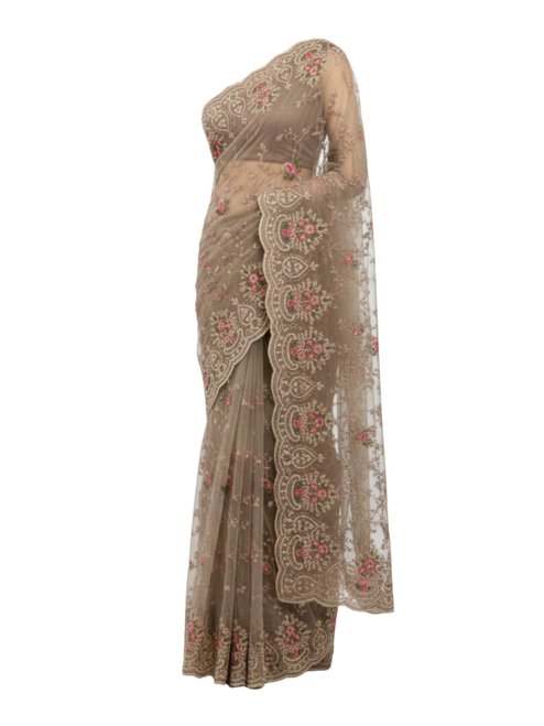 Taupe Designer Net Saree with Pink Floral Embroidery