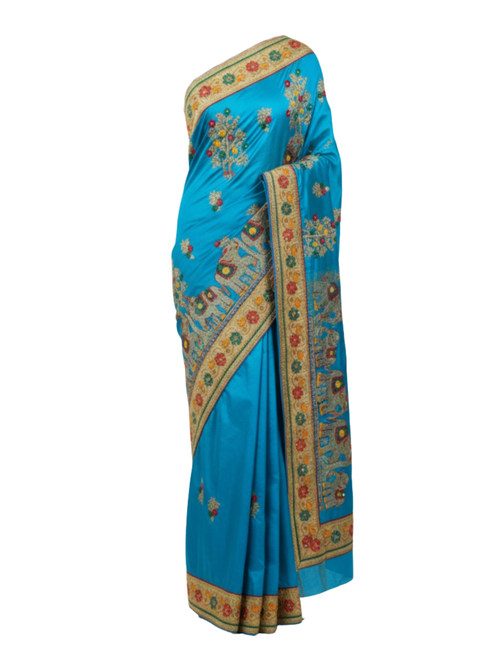 Turquoise Blue Art Saree with Heritage Patola-Style Embroidery