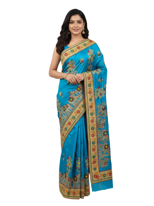 Turquoise Blue Art Saree with Heritage Patola-Style Embroidery
