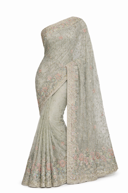 Elegant Sage Green Saree with Floral Embroidery