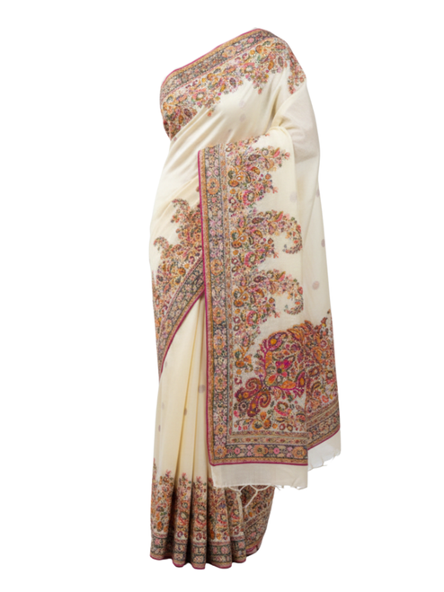 Off-White Art Saree with Multi-Color Kashmiri-Style Floral Embroidery
