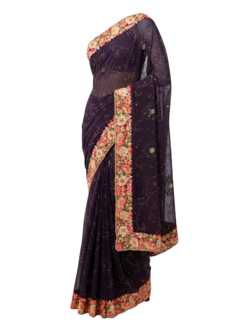 Deep Purple Saree with Peach Floral Embroidery