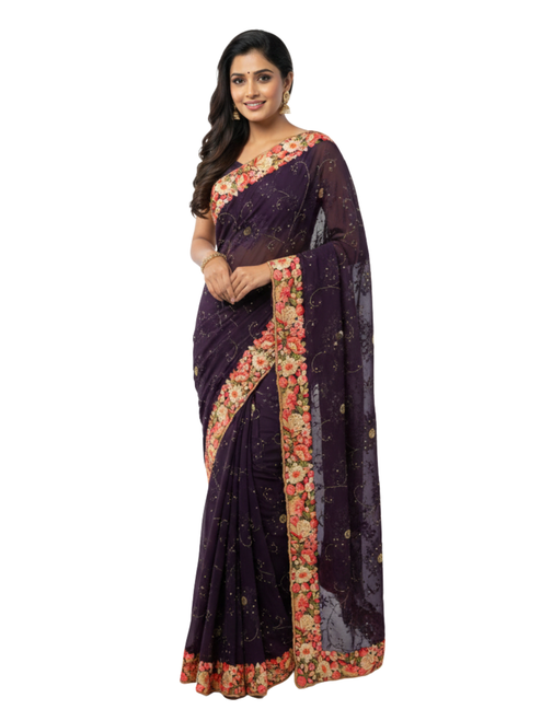 Deep Purple Saree with Peach Floral Embroidery