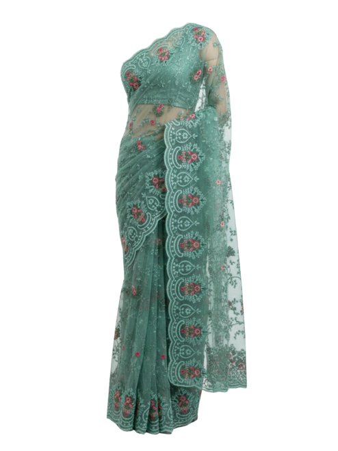 Seafoam Green Embroidered Net Saree