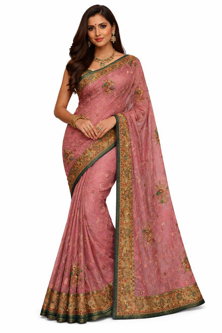 Pink Saree with Intricate Border