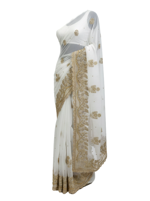 Designer White net Saree with Heavy Zari Embroidery
