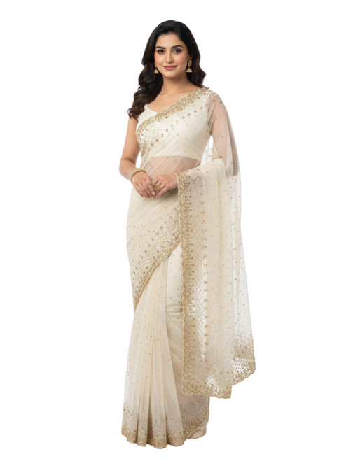 Designer Off-White Net Saree with Gold Zari and Sequin Embroidery