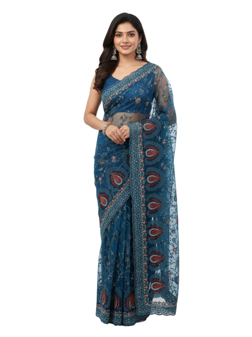 Designer Teal Blue Net Saree with Traditional Embroidery and Scalloped Borders