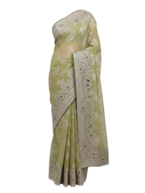 Designer Olive Green Saree with Silver Zari and Emerald Accents