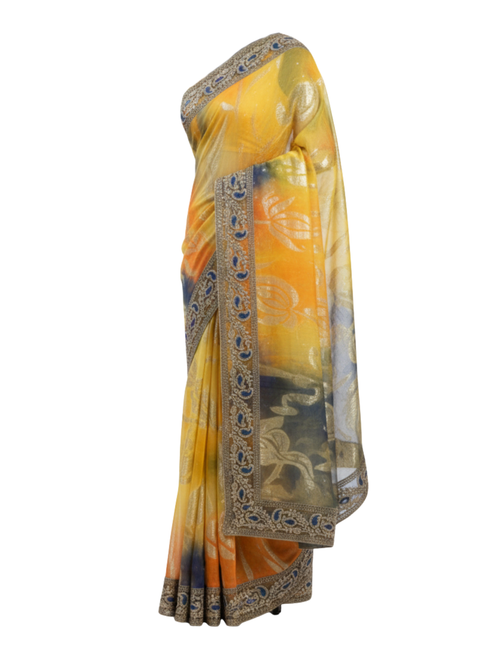 Mustard Yellow and Orange Shaded Silk Saree with Embroidered Paisley Border