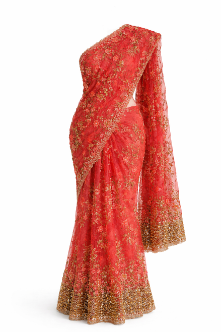 Elegant Pink Saree with Floral & Gold Designs