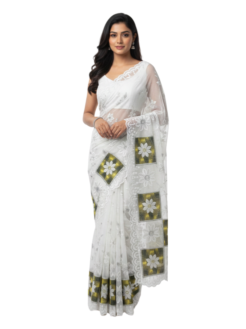 Designer White Cotton Saree with Geometric Patchwork and Floral Lace Embroidery