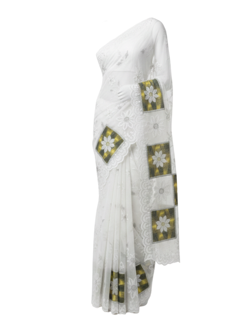 Designer White Cotton Saree with Geometric Patchwork and Floral Lace Embroidery