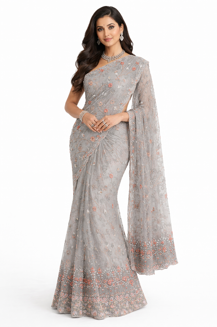 Elegant Grey Saree with Floral Embellishments