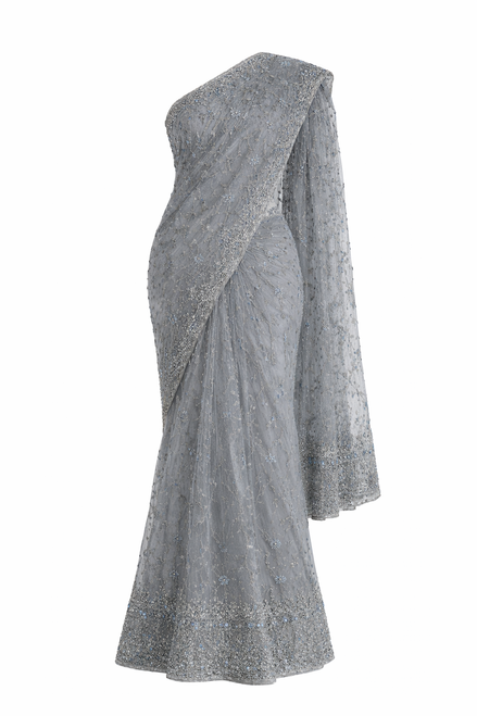Silver Grey Embroidered Saree