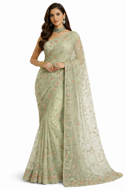 Pastel Green Saree with Floral Embroidery