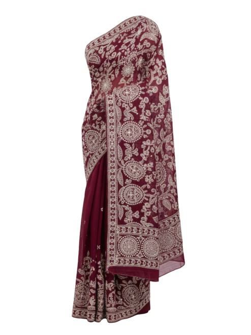 Designer Maroon Saree with Allover White Kashmiri-style Embroidery