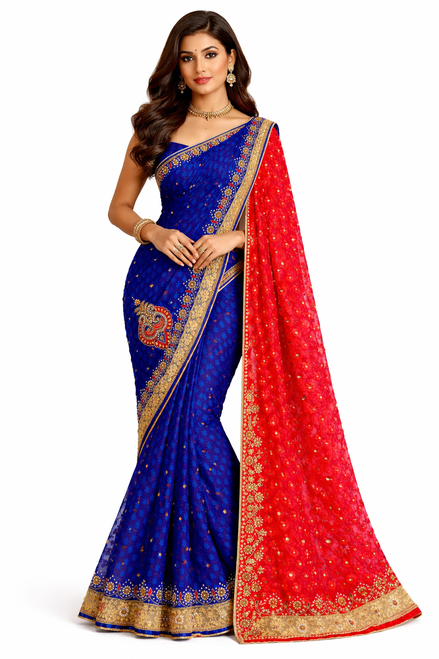 Royal Blue & Red Saree
